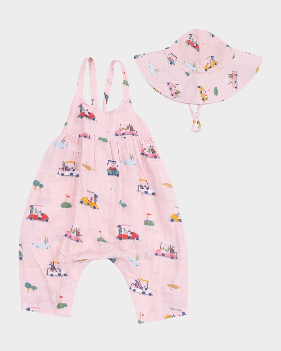 Girl's Golf Carts Cuties Tie Back Romper W/ Sun Hat, Size 3M-24